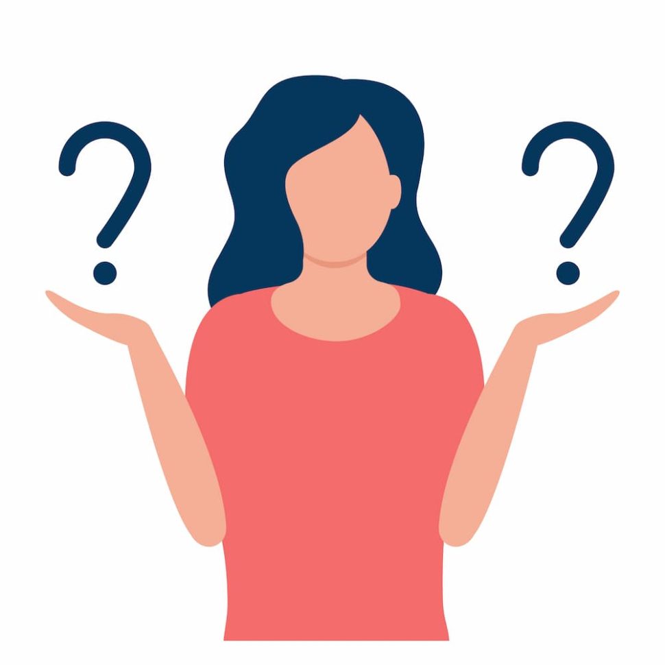 Graphic of woman holding two question marks
